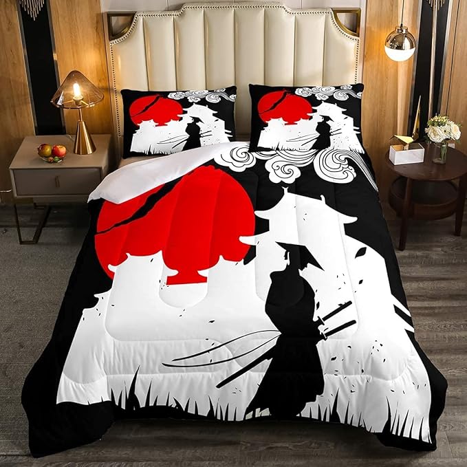 Erosebridal Samurai Comforter Set King Size, Sunset Print Down Comforter, Japan Quilted Duvet, Building Silhouette Breathable Quilt Set, Japanese Ukiyoe Bedding Set, Ultra Lightweight