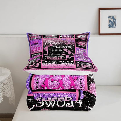Cheerleading Comforter Set Cheer Gifts,Cheerleader Loves Bedding Set for Kids Girls Teens Adult,Cheer Pink (no real) Sequins Quilt Set King Geometric Plaid Patchwork Duvet Insert with 2 Pillowcases