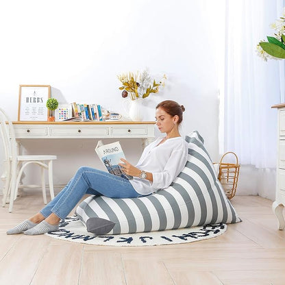 Aubliss Stuffed Animal Storage Bean Bag Chairs Cover, 50"x 35" Extra Large Bean Bags Chair for Kids Adults, Beanbag Toy Storage for Boys Girls - Premium Cotton Canvas Grey Stripe