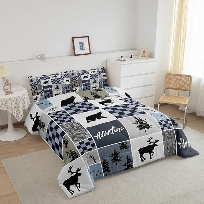 Deer Antler Comforter Set Queen Size,Bear Rustic Farmhouse Adventure Bedding Set for Kids Boys Girls Adults Room Decor,Pine Trees Plaid Patchwork Down Comforter,Blue Xmas Duvet Insert,2 Pillowcases