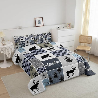 Deer Antler Comforter Set Queen Size,Bear Rustic Farmhouse Adventure Bedding Set for Kids Boys Girls Adults Room Decor,Pine Trees Plaid Patchwork Down Comforter,Blue Xmas Duvet Insert,2 Pillowcases