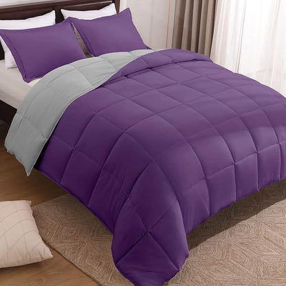 Basic Beyond Queen Comforter Set - Fluffy Comforter Queen Set for All Seasons - Reversible Purple Comforter Set Queen for Mens - 3 Pieces (1 Comforter + 2 Pillow Shams) - Purple/Grey