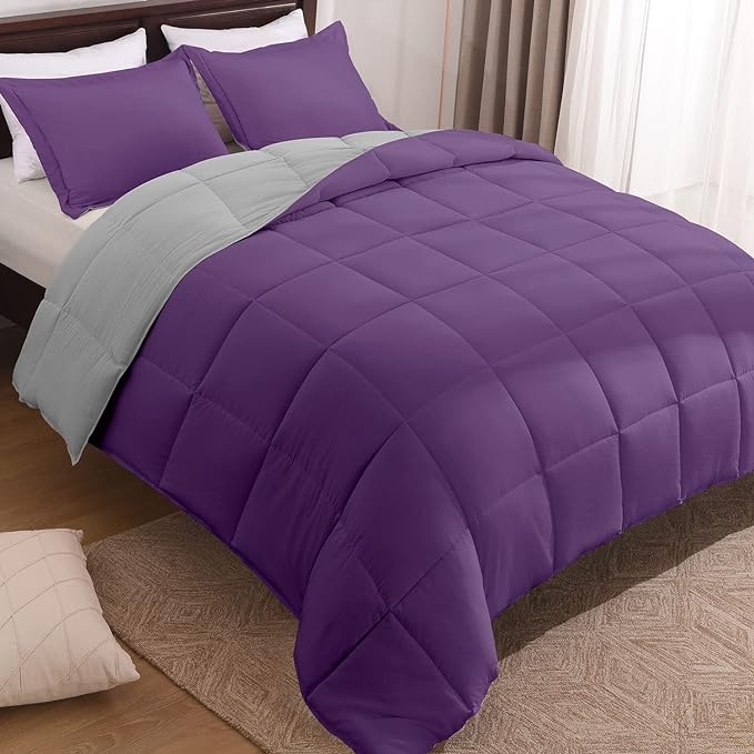 Basic Beyond Twin Comforter Set for Girls and Boys - Fluffy Twin Bed Comforter Set for All Seasons - Reversible Kids Twin Comforter Set - 2 Pieces (1 Comforter + 1 Pillow Sham) - Purple/Grey