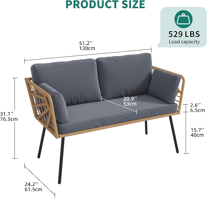 YITAHOME Wicker Outdoor Loveseat, All-Weather Patio Sofa for Balcony, Backyard, Pool, Porch, Deck, Outdoor Sectional Furniture Set with Table & Cushions - Grey