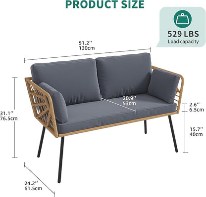 YITAHOME Wicker Outdoor Loveseat, All-Weather Patio Sofa for Balcony, Backyard, Pool, Porch, Deck, Outdoor Sectional Furniture Set with Table & Cushions - Grey