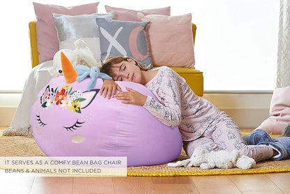 Aubliss Stuffed Animal Storage, Velvet Bean Bag Chairs Cover, Large 32" Ultra Soft Kids Toy Storage Organizer for Blankets Towels Clothes, Purple Floral