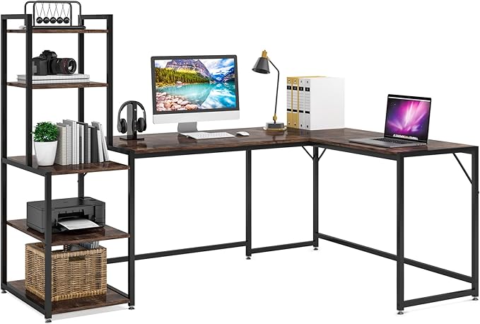 79 Inch Reversible L-Shaped Desk, Large Corner Computer Desk with 5 Tier Storage Shelves