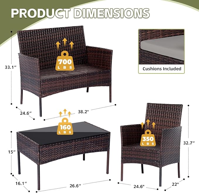 Patio Furniture Set 4 Pieces Conversation Sets Outdoor Wicker Rattan Chairs Garden Backyard Balcony Porch Poolside Loveseat with Soft Cushion and Tempered Glass Table(Brown/Grey)