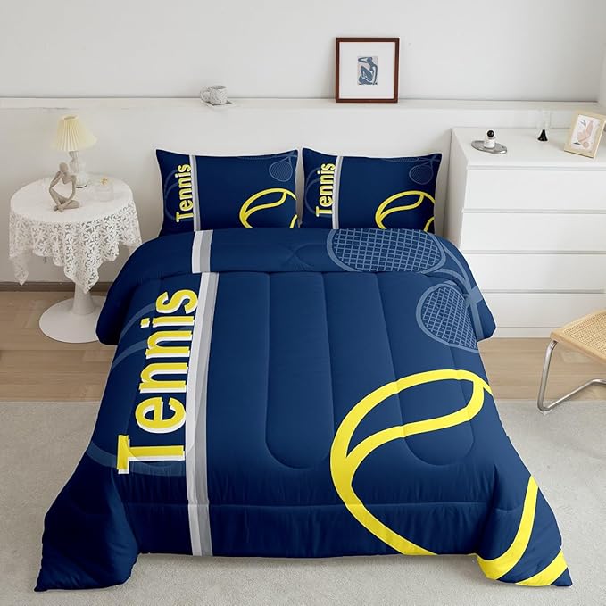 Feelyou Kids Tennis Comforter Set Queen Size Tennis Sports Bedding Set for Boys Girls Teens Bedroom Decor Tennis Gaming Comforter Blue Yellow Tennis Lovers Duvet Set with 2 Pillow Case