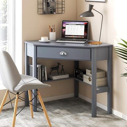 Nightcore Small, Wood Computer Desk, Compact Writing w/Drawer & Storage Shelves, Space Saving Study Workstation, Laptop PC Corner Table, Grey