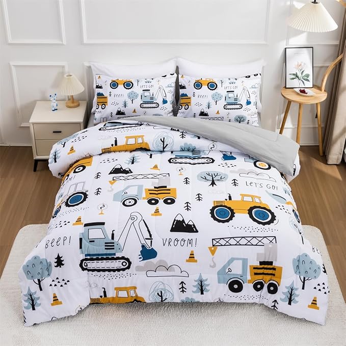 NTBED 5 Pieces Construction Truck Twin Comforter Set for Boys Kids Forest Vehicles Excavator Lightweight Microfiber Bedding Sets