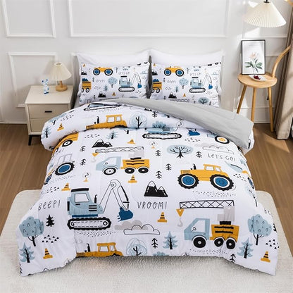 NTBED 5 Pieces Construction Truck Full Comforter Set for Boys Kids Forest Vehicles Excavator Lightweight Microfiber Bedding Sets