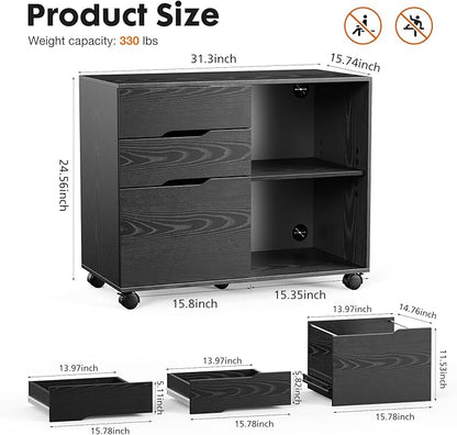 Sweetcrispy 3 Drawer File Cabinet Organizer Lateral Printer Stand Rolling Desk with Adjustable Storage Shelves for Office Home Small Space, Black Wood
