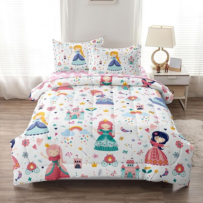 Girls Twin Bedding Sets, Kids Comforter Set for Teens w/Sheets and Pillowcase, Soft Reversible Cartoon Princess Bed in a Bag Sets