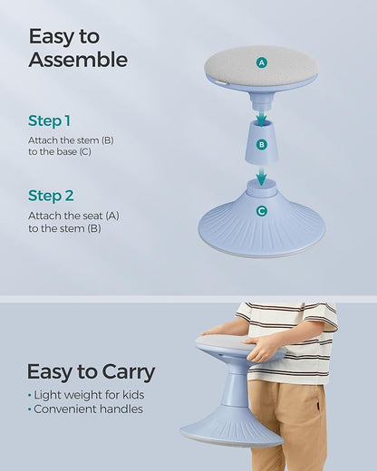 SONGMICS Kids Wobble Chair, Wiggle Stool for Kids Ages 5-8, Comfortable 60D Foam Seat, Breathable Fabric, Anti-Slip Base, 14.2-Inch High, Tool-Free Assembly, Pale Blue and Dove Gray UOSC009Q01