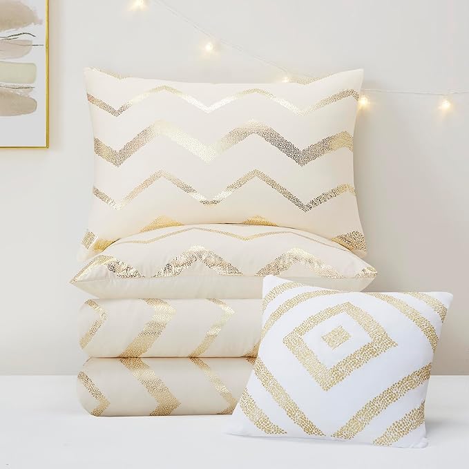 Codi Cream White and Gold Comforter Set for Twin/Twin XL Size, Cute Metallic Ivory Bed Sets, 3 Piece (1 Matching Sham + 1 Decorative Pillow)