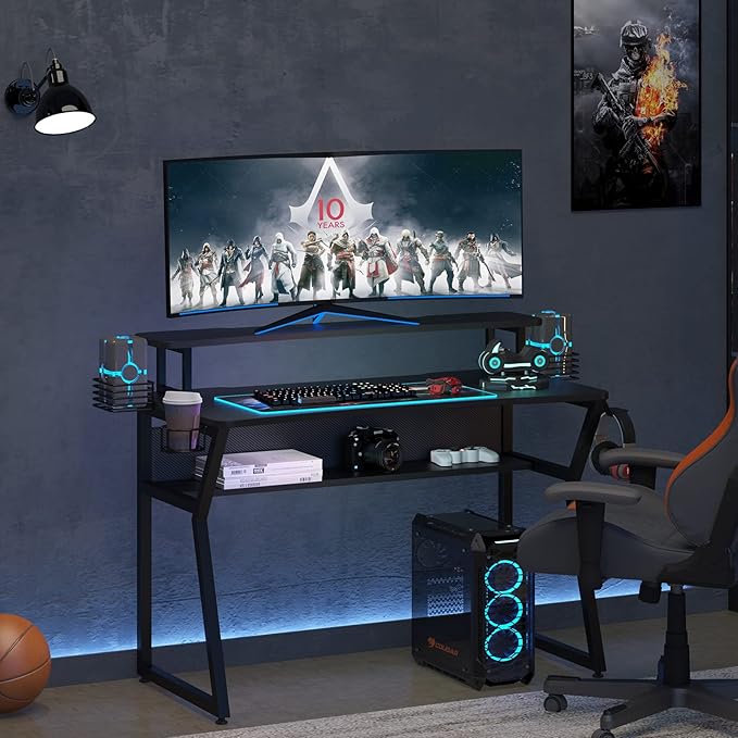Gaming Desk, Computer Desk with Large Monitor Stand and Open Shelf,Gamer Table Workstation with Cup Holder, Headphone Hook, 2 Speaker Stand for Home Office (Black Carbon Fiber)