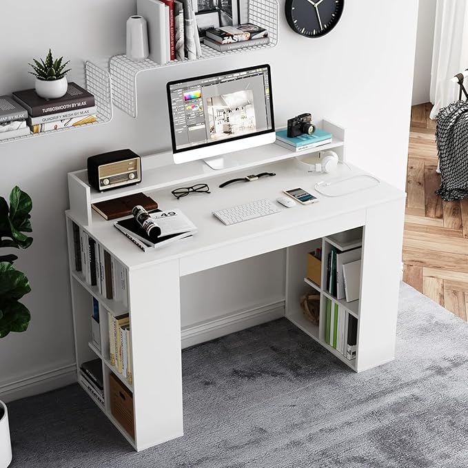 Computer Desk with Bookshelf, 48” Home Office Desk with 2 Open Shelves of 10 Cubbies, Monitor Shelf, Writing Desk Computer Workstation for Home, Office, Bedroom
