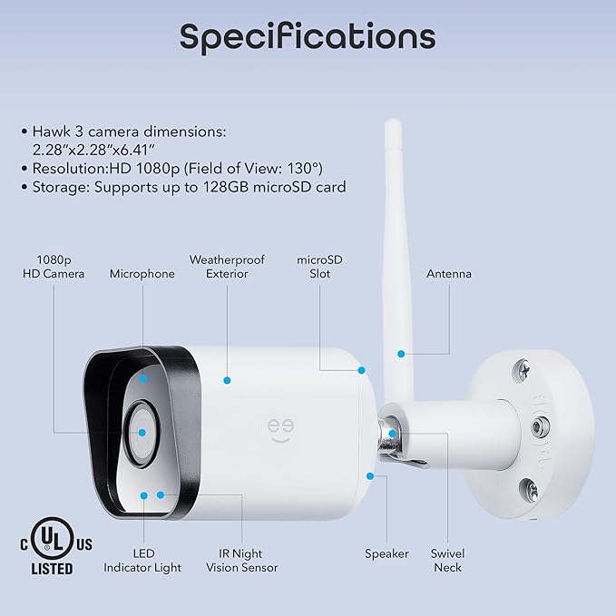 Geeni Hawk 3 Outdoor Security Camera, 1080p HD, Weatherproof, Motion Detection, Night Vision, Two-Way Audio, Cloud & MicroSD Storage, Alexa & Google Assistant Compatible, Wi-Fi, 2-Pack