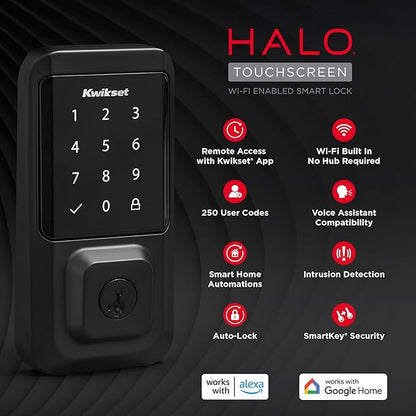Kwikset Halo Wi-Fi Smart Lock, Keyless Entry Front Door Touchscreen Deadbolt, Matte Black Finish, Grade AAA Certified, UL Listed, Easy Install No Hub, App Control, Digital Remote Lock