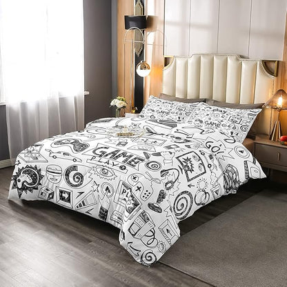 Erosebridal Gaming Comforter Set Twin, Kids Gamepad Cartoon Bedding Set Video Games Gamers Duvet Set Hip Hop Graffiti Quilt Set Racing Car Comforter Set, Black White Printed Bedroom Decor