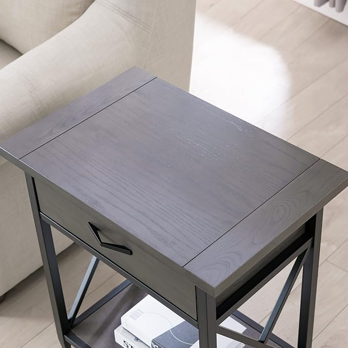 Leick Home 23022 Chisel & Forge One Drawer Nightstand with Shelf, Gray/Matte Black