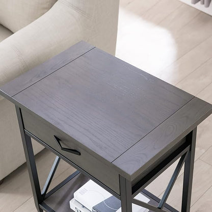 Leick Home 23022 Chisel & Forge One Drawer Nightstand with Shelf, Gray/Matte Black