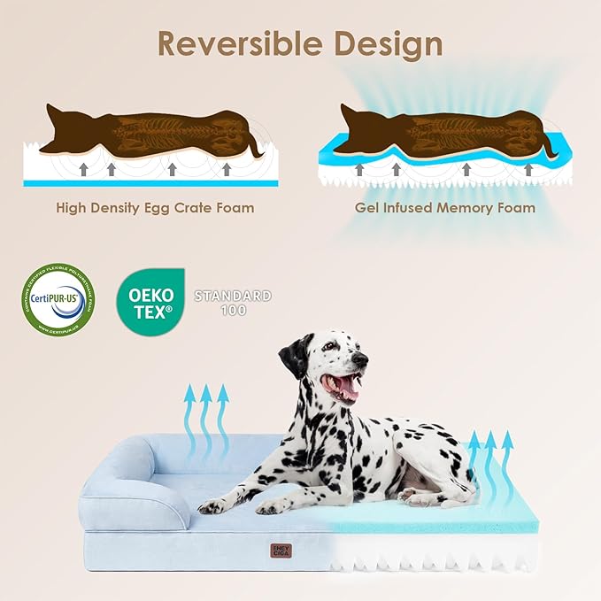 EHEYCIGA Orthopedic Dog Bed for Large Dogs, Waterproof Memory Foam with Sides, Non-Slip Bottom and Egg-Crate Foam Couch Bed with Washable Removable Cover, Light Blue
