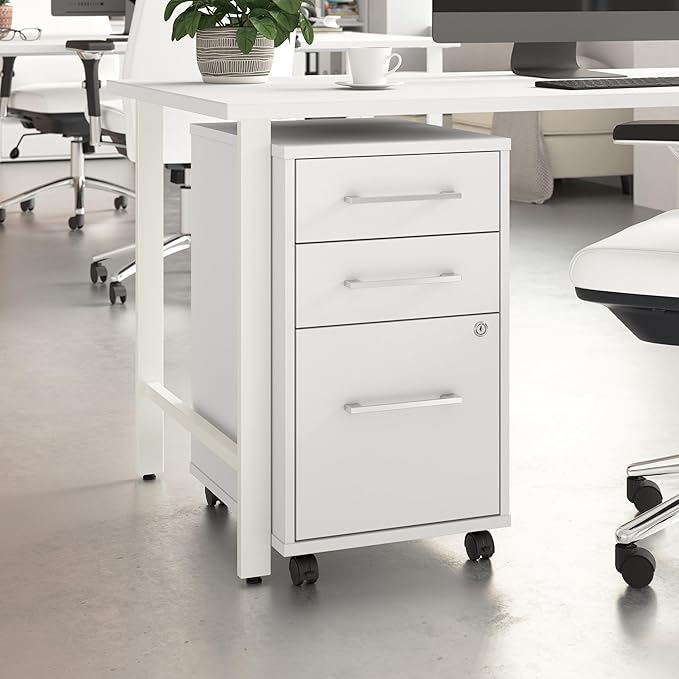Bush Business Furniture Hustle 3 Drawer Rolling File Cabinet in White, Mobile Document Storage for Home and Professional Office