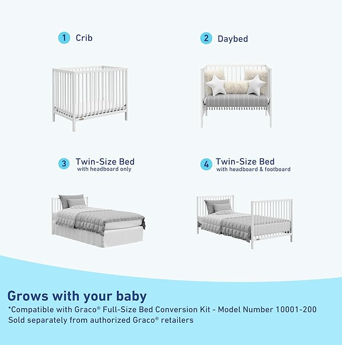 Graco Teddi 4-in-1 Convertible Mini Crib with Bonus Water-Resistant Mattress (White) – GREENGUARD Gold Certified, 2.75-Inch Mattress Included, Convenient Size, Easy 30-Minute Assembly