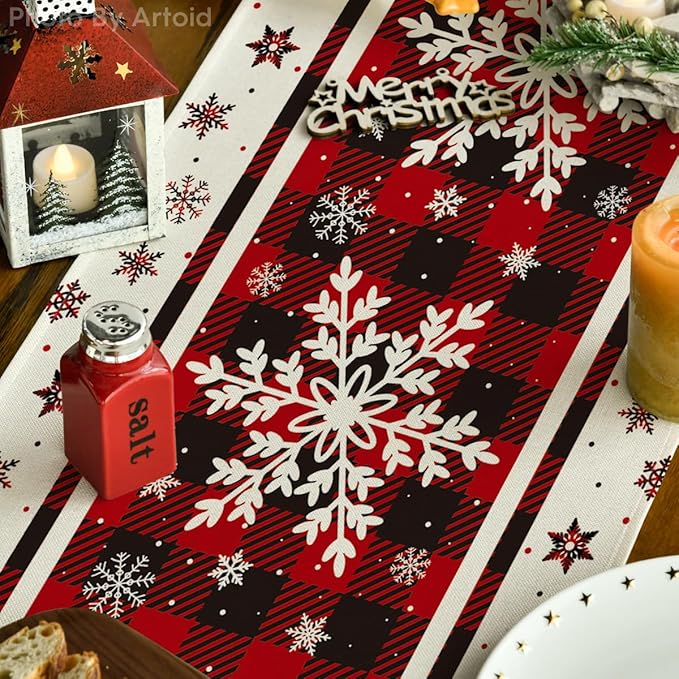 Artoid Mode Buffalo Plaid Snowflakes Christmas Table Runner, Seasonal Winter Kitchen Dining Table Decoration for Home Party Decor 13x60 Inch