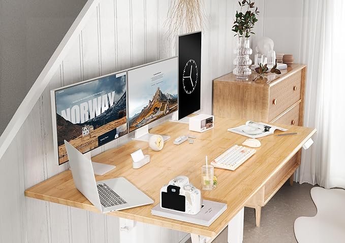 Bamboo Electric Standing Desk, 55x24 Inches Adjustable Height Stand up Desk with Whole Piece Desktop, Sit Stand Home Office Desk White Frame/Bamboo Top