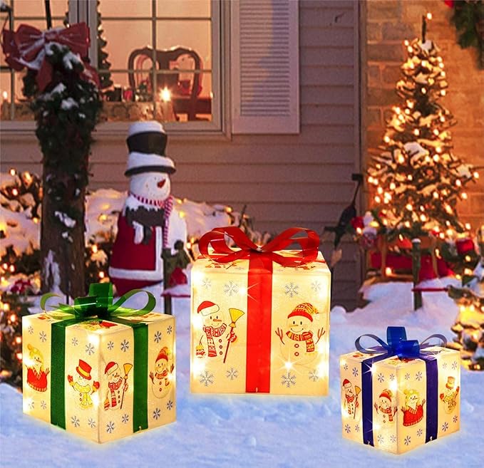 [Large 8.5"x7"x6" Christmas Set of 3 Lighted Gift Boxes Decorations Pre-lit 70 Super-Bright LED with Flashers,for Indoor Outdoor Christmas Tree Skirt Ornament Pathway Holiday Party Home