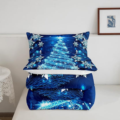 Feelyou Christmas Tree Comforter Set King Xmas Snowflake Comforter for Girls Women Daughter New Year Room Decor Blue Glitter Merry Christmas Bedding Set Winter Warm Soft Quilted Duvet Boys