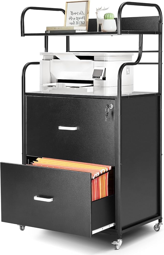 Vertical File Cabinet, 2 Drawer Mobile Filing Cabinet with 1 Bookshelf, Printer Stand with Open Storage Shelves Fits A4/Letter/Legal Size File Cabinets for Home Office Organizer, Black