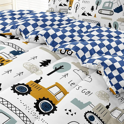 5-Pcs Construction Full Size Boys Bedding Set, Kids Comforter Set for Teens w/Sheets and Pillowcase, Soft Cartoon Tractor Cars Bed in a Bag Sets