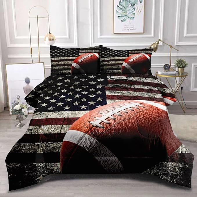 American Football Comforter Set for Boys Teens,Kids Sports Bedding Set Queen Size,USA Flag Football Printed Bedroom Sets with 2 Matching Pillow Shams