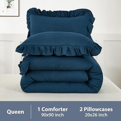 Andency Navy Blue Queen Comforter Set, 3 Pieces Boho Lightweight Solid Bedding Sets for Queen Bed, Fluffy Soft Double Women Men Microfiber Bedding Set