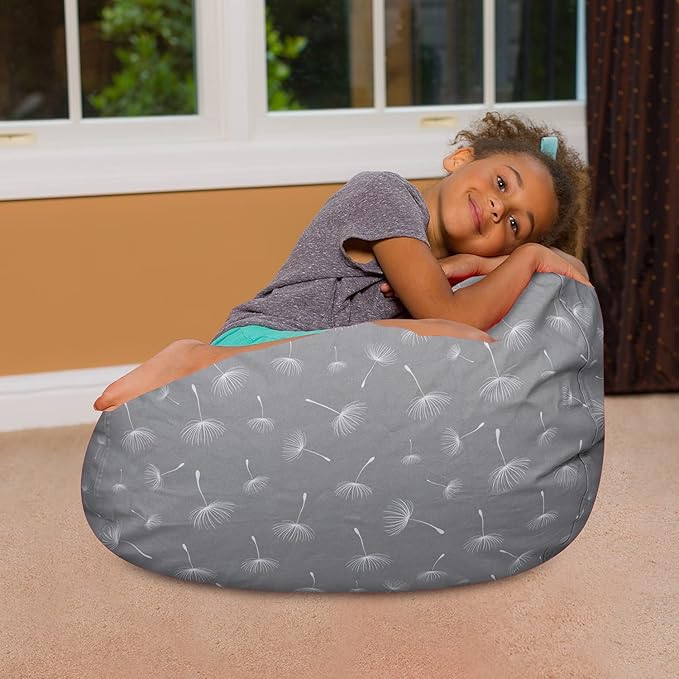 Posh Creations Bean Bag Chair for Kids, Teens, and Adults Includes Removable and Machine Washable Cover, Canvas White Dandelions on Gray, 27in - Medium