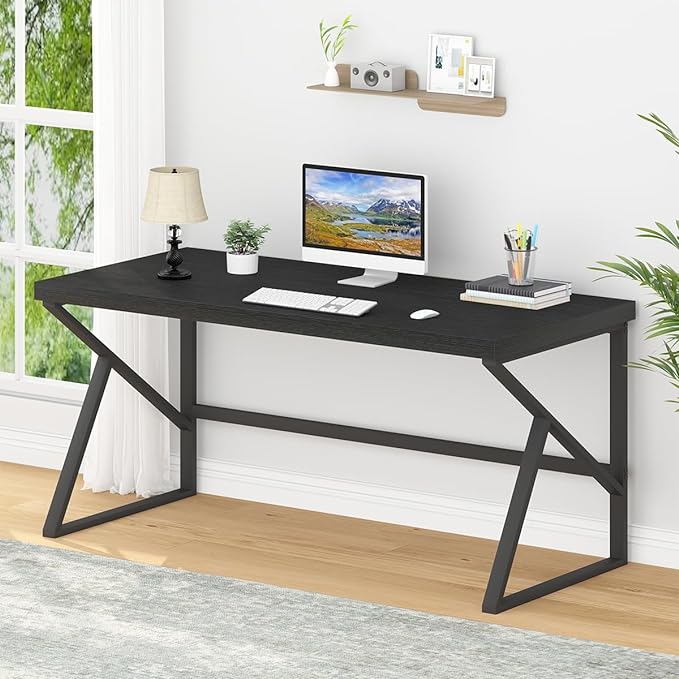 HSH Black Computer Desk, Long Home Office Laptop PC Desk, Large Industrial Metal Wood Executive Writing Gaming Workstation Desk, Modern Simple Student Study Work Table for Bedroom Living Room, 60 Inch