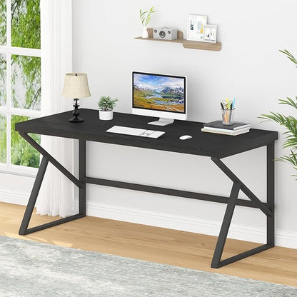 HSH Black Computer Desk, Long Home Office Laptop PC Desk, Large Industrial Metal Wood Executive Writing Gaming Workstation Desk, Modern Simple Student Study Work Table for Bedroom Living Room, 60 Inch