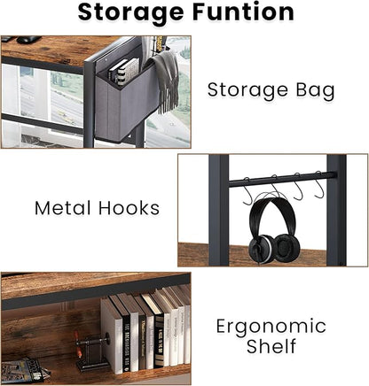 DKLGG Small Computer Desk Study Table, 43 Inch Home Office Laptop Table for Small Spaces, Modern Work Writing Table with Storage Bag & Headphone Hook, Rustic Brown