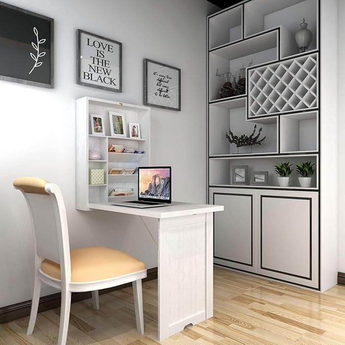 Wall Mounted Table w/Classified Storage Space, Foldable Multiple-Purpose Desk, Sturdy Wood Structure, White
