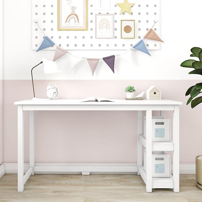 Max & Lily Solid Wood Desk With Shelves, 55 Inches, White