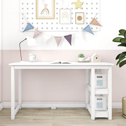 Max & Lily Solid Wood Desk With Shelves, 55 Inches, White