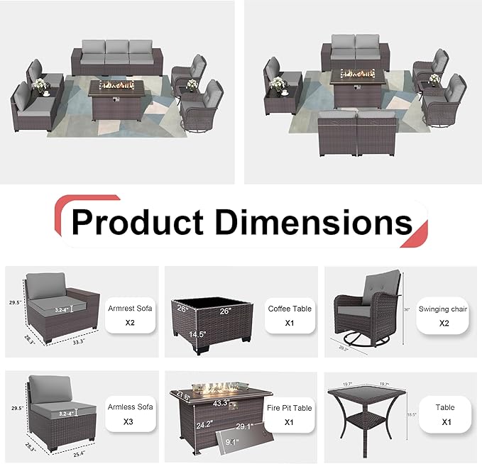 Patio Furniture Sectional Sofa Set 10-Pieces PE Rattan Swivel Rocking Chairs Outdoor Furniture Set w/43in Gas Fire Pit Table, Patio Conversation with 55000 BTU Propane Fire Pit, Grey