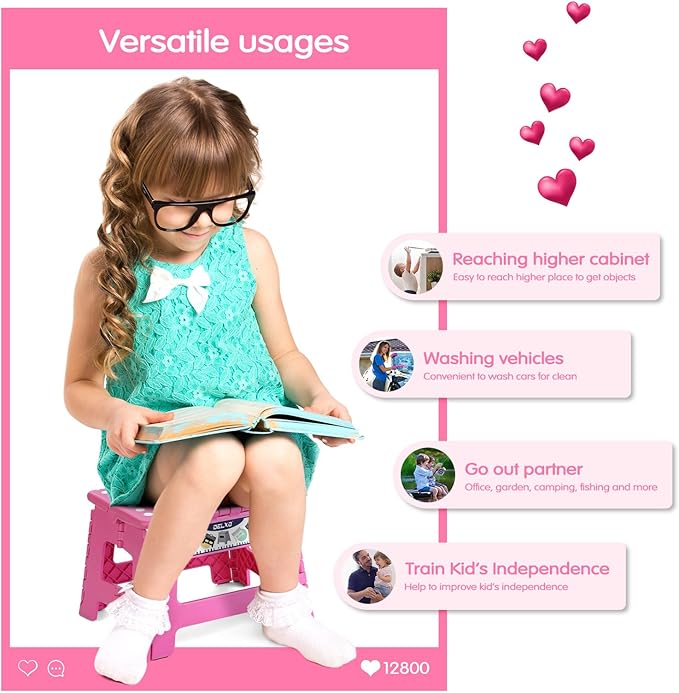 Delxo 9” Folding Step Stool in Pink,1 Pack Premium Heavy Duty Foldable Stool for Kids,Portable Collapsible Plastic Step Stool,Non Slip Folding Stools for Kitchen Bathroom Bedroom