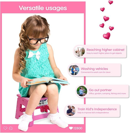 Delxo 9” Folding Step Stool in Pink,1 Pack Premium Heavy Duty Foldable Stool for Kids,Portable Collapsible Plastic Step Stool,Non Slip Folding Stools for Kitchen Bathroom Bedroom