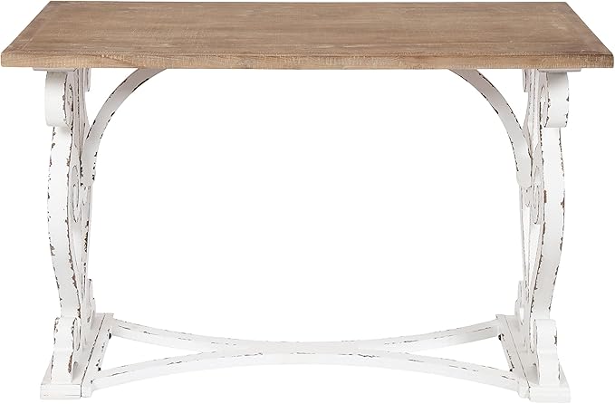 Kate and Laurel Wyldwood Farmhouse Wooden Desk, 46 x 24 x 30, Brown and White, Rustic Carved Wood Computer Desk for Functional and Stylish Home Office Decor