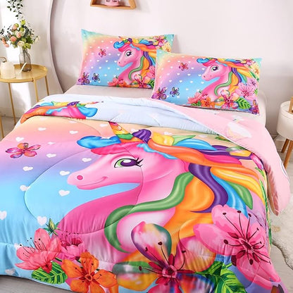 Cute Unicorn Comforter Sets 3pc Pink Flower Girl Colorful Unicorn Bedding Sets Soft Girls Unicorn Rainbow Comforter Sets